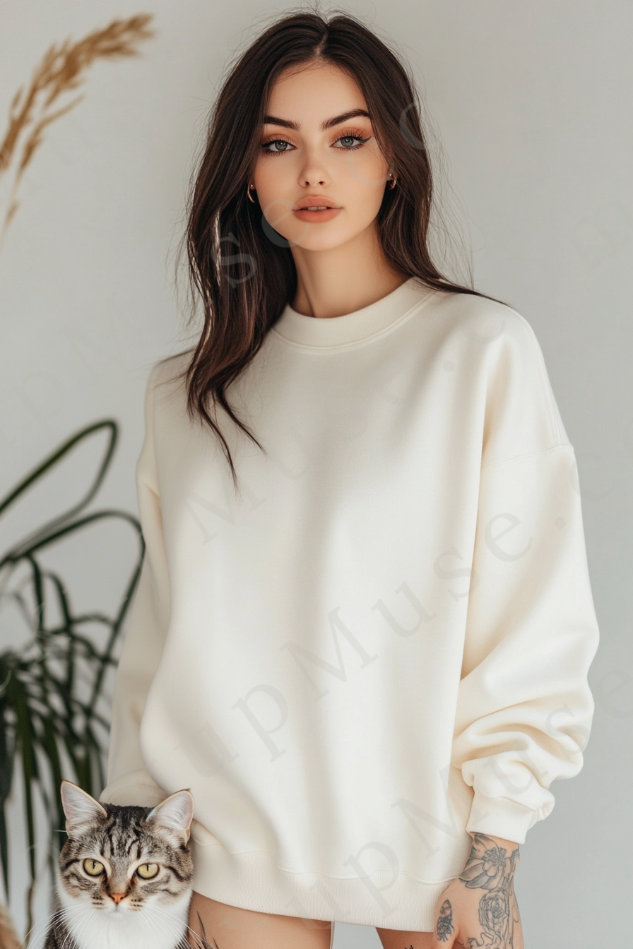 women’s cream crewneck sweatshirt mockup, white wall lifestyle scene, cat, tattoo, oversized, gildan 18000, front view, digit