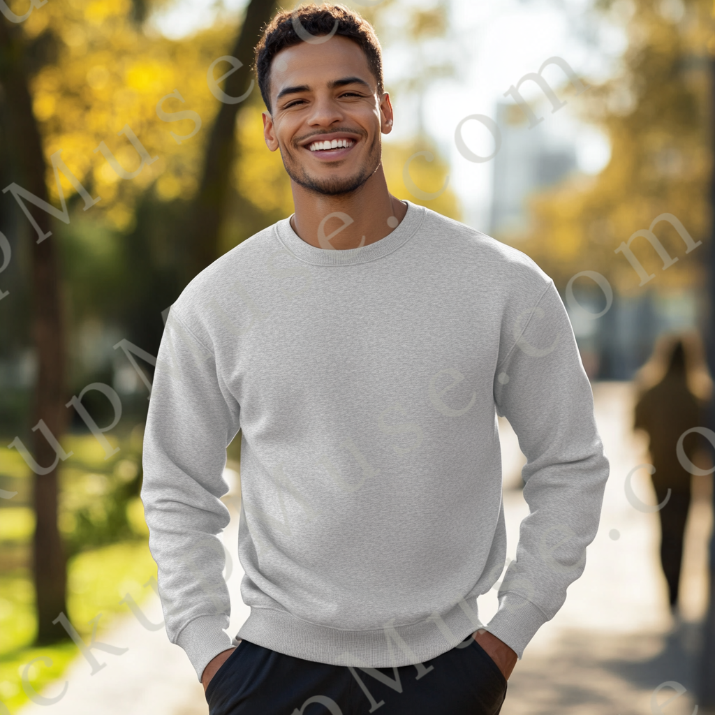 Men’s grey Gildan 18000 crewneck sweatshirt mockup, city lifestyle scene, front view, digital download.