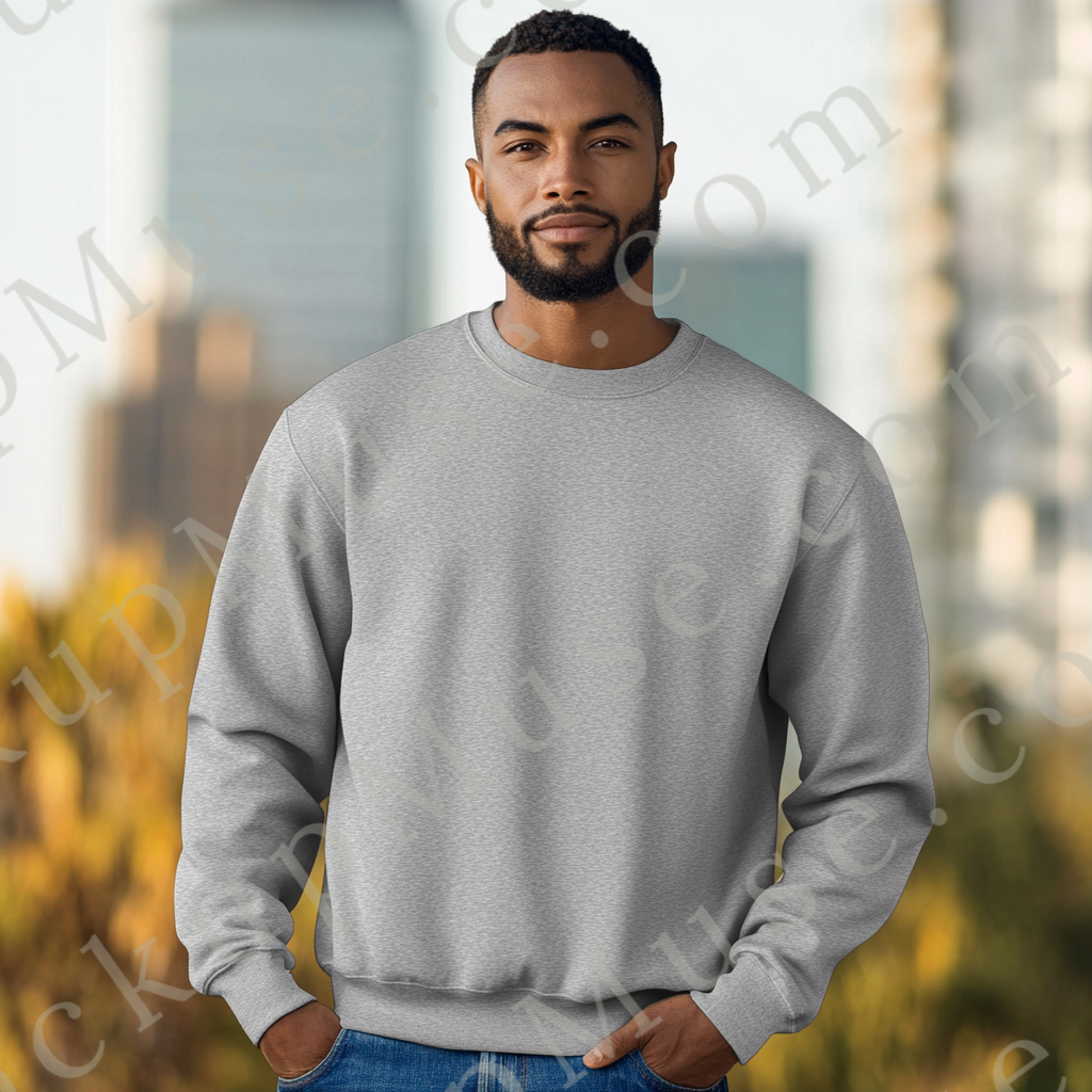 Men’s grey Gildan 18000 crewneck sweatshirt mockup, city lifestyle scene, front view, digital download.