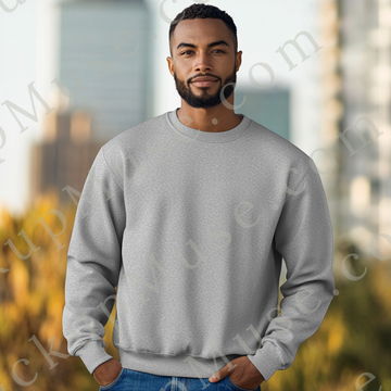 Men’s grey Gildan 18000 crewneck sweatshirt mockup, city lifestyle scene, front view, digital download.