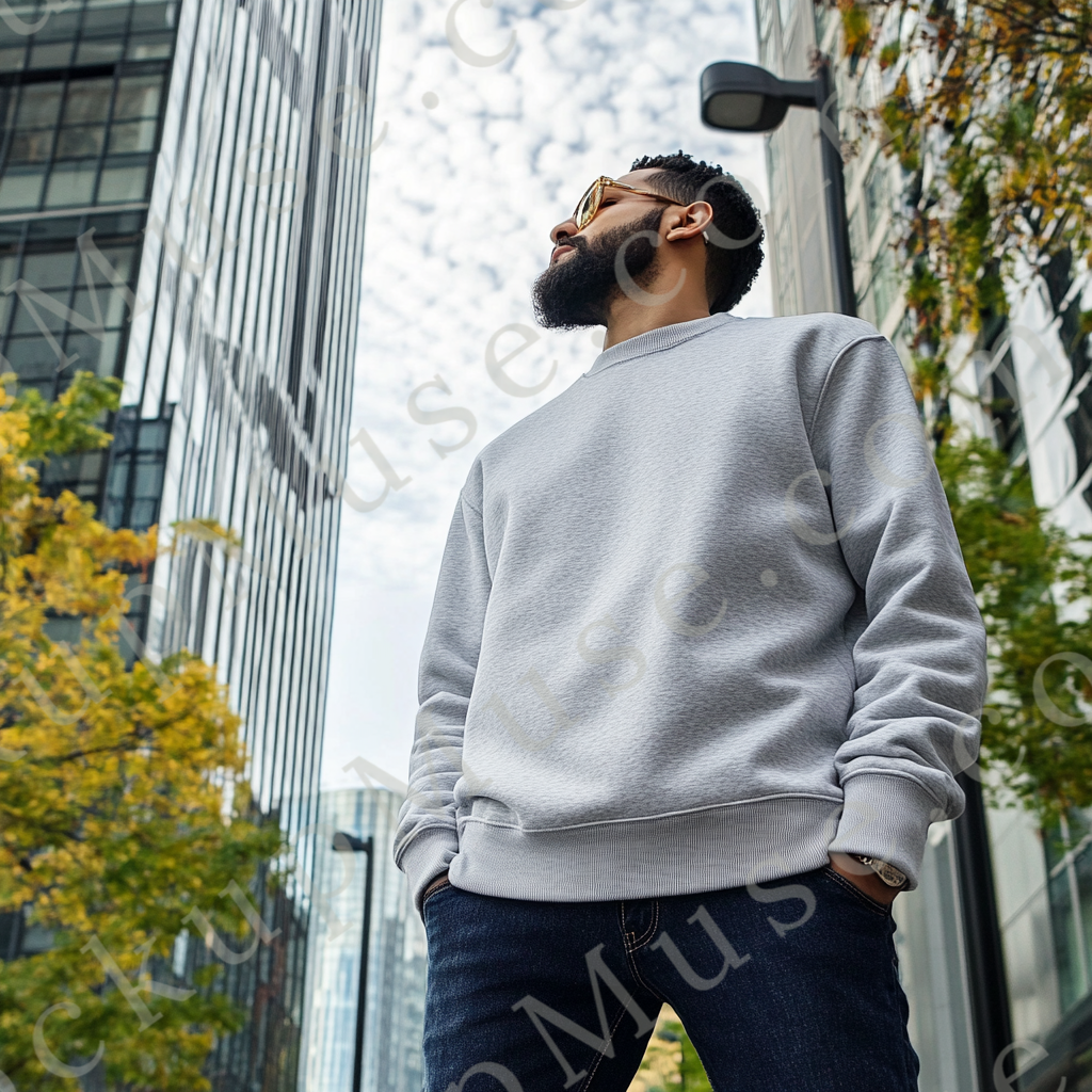 Men’s grey Gildan 18000 crewneck sweatshirt mockup, city lifestyle scene, front view, digital download.