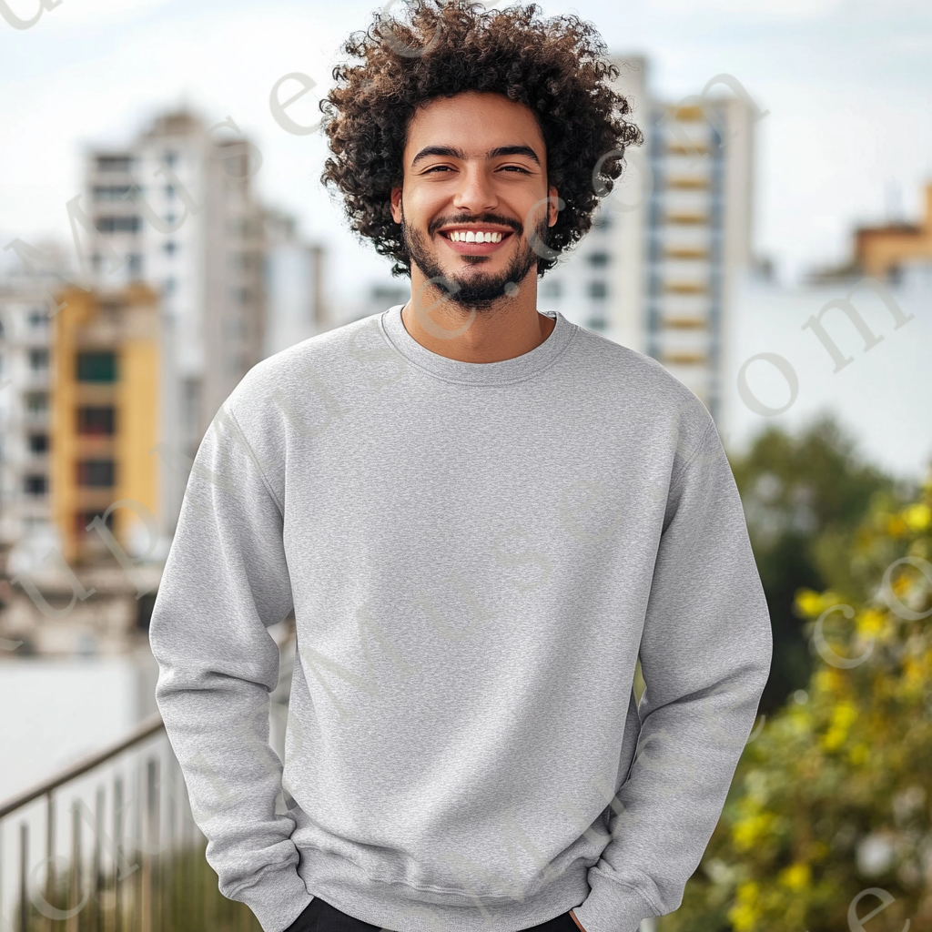 Men’s grey Gildan 18000 crewneck sweatshirt mockup, city lifestyle scene, front view, digital download.