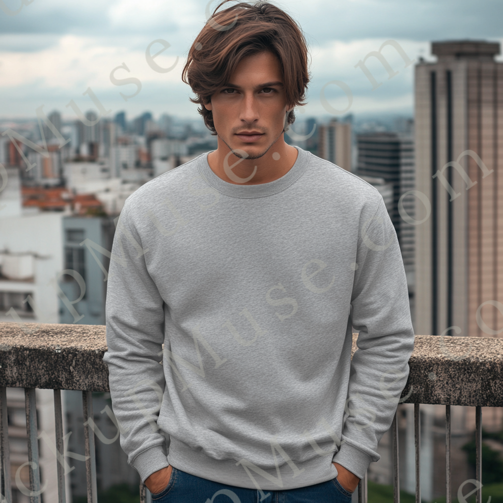 Men’s grey Gildan 18000 crewneck sweatshirt mockup, editorial scene, front view, digital download.