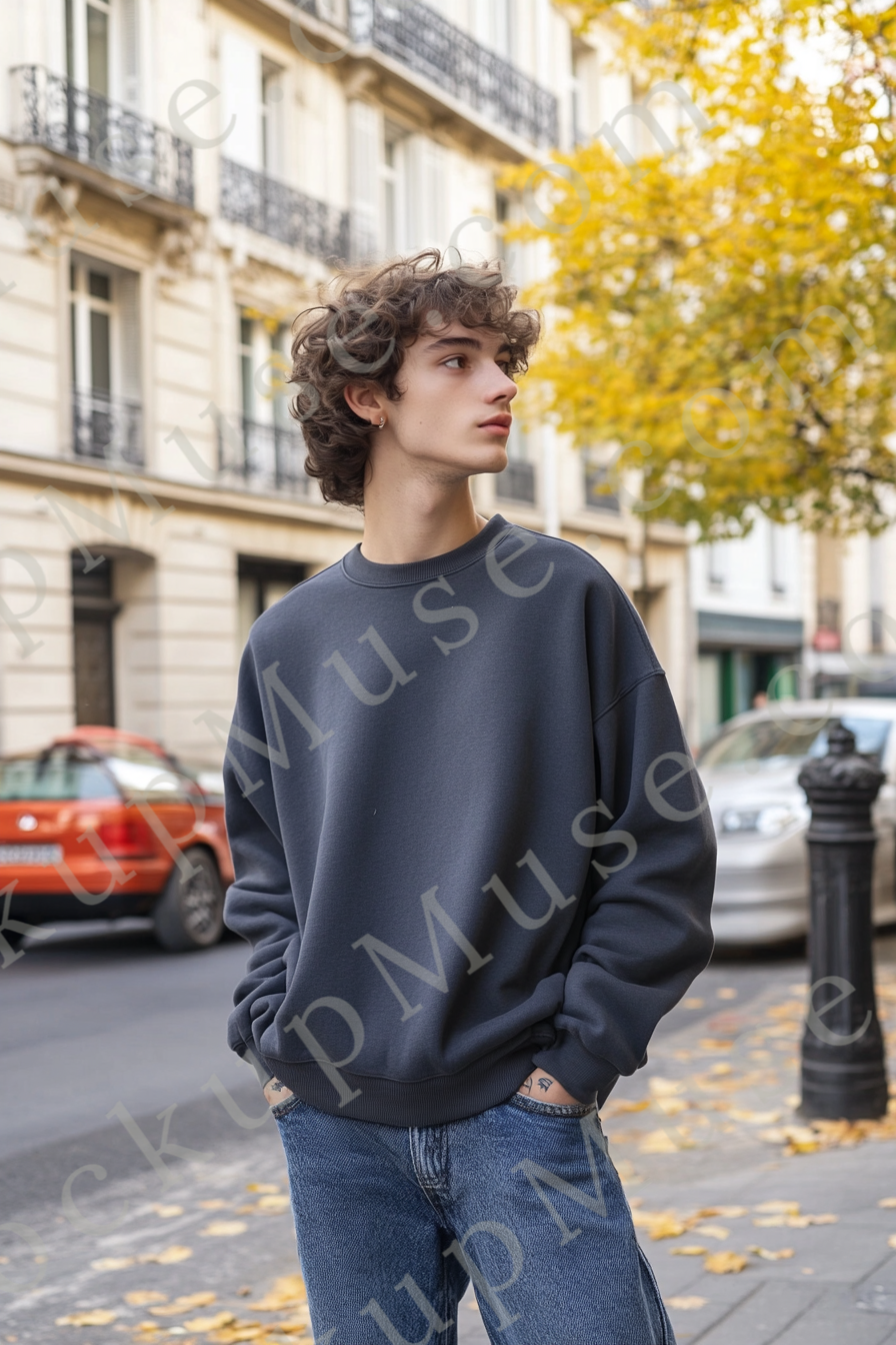 Men’s grey Gildan 18000 crewneck sweatshirt mockup, european lifestyle scene, front view, digital download.