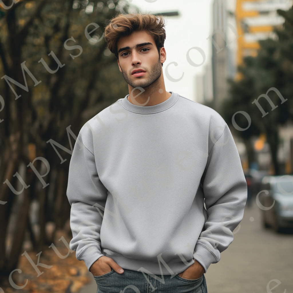 Men’s grey Gildan 18000 crewneck sweatshirt mockup, lifestyle scene, front view, digital download.