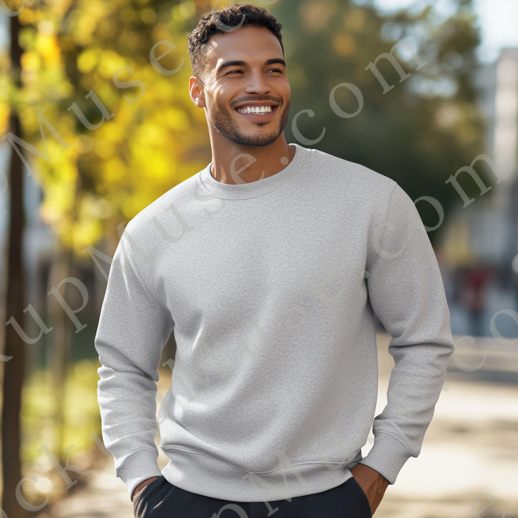 Men’s grey Gildan 18000 crewneck sweatshirt mockup, city lifestyle scene, front view, digital download.