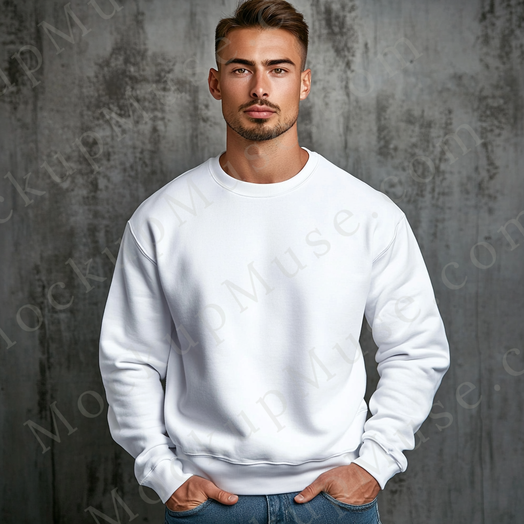 Men’s white Gildan 18000 crewneck sweatshirt mockup, studio editorial, front view, digital download.