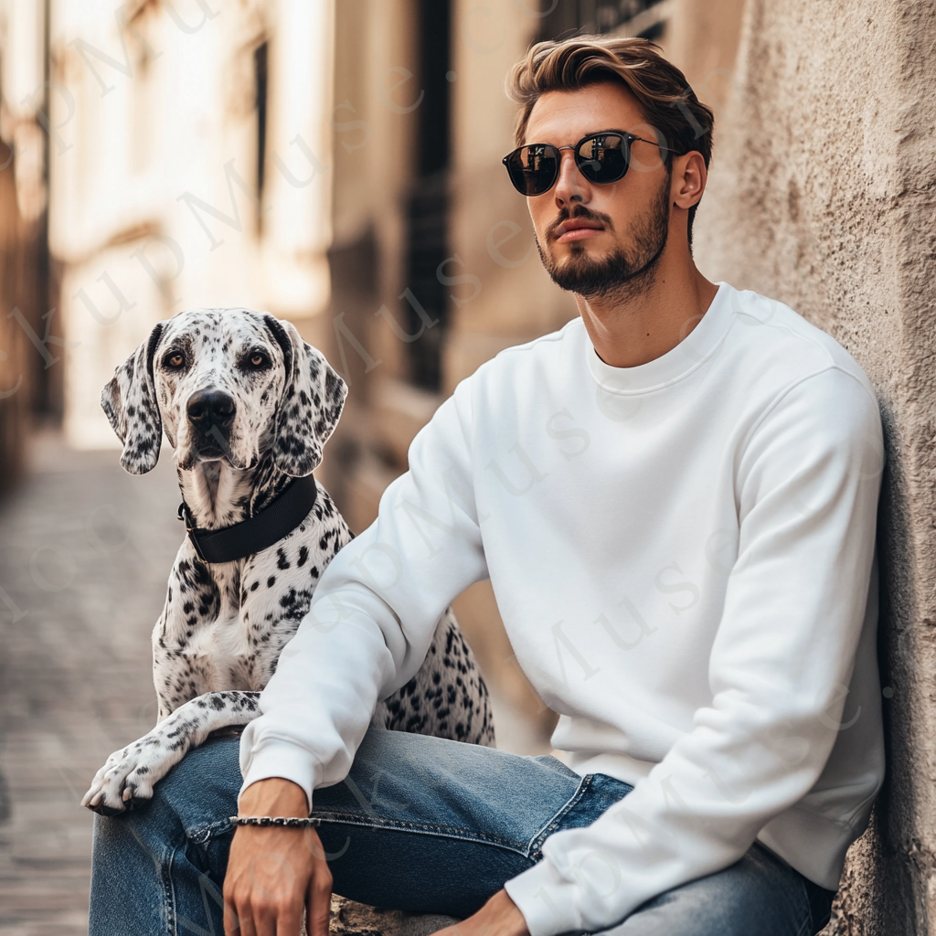 Men’s white Gildan 18000 crewneck sweatshirt mockup, city lifestyle with dog, front view, digital download.