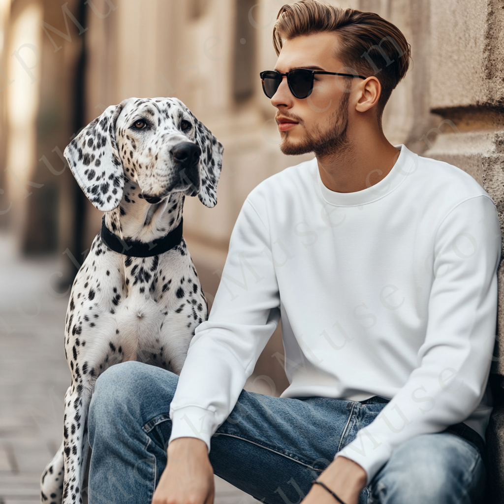 Men’s white Gildan 18000 crewneck sweatshirt mockup, city lifestyle with dog, front view, digital download.