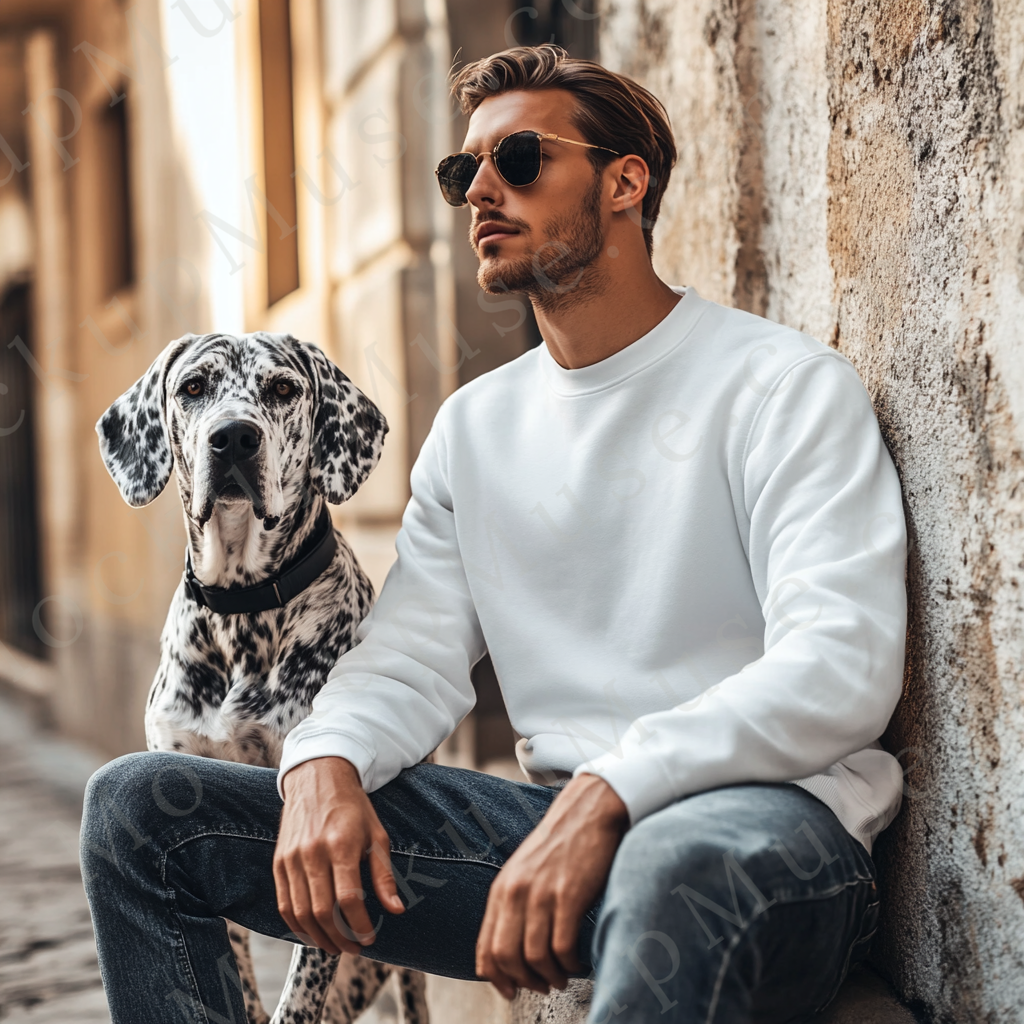 Men’s white Gildan 18000 crewneck sweatshirt mockup, city lifestyle with dog, front view, digital download.