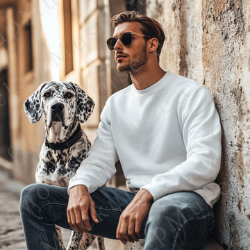 Men’s white Gildan 18000 crewneck sweatshirt mockup, city lifestyle with dog, front view, digital download.
