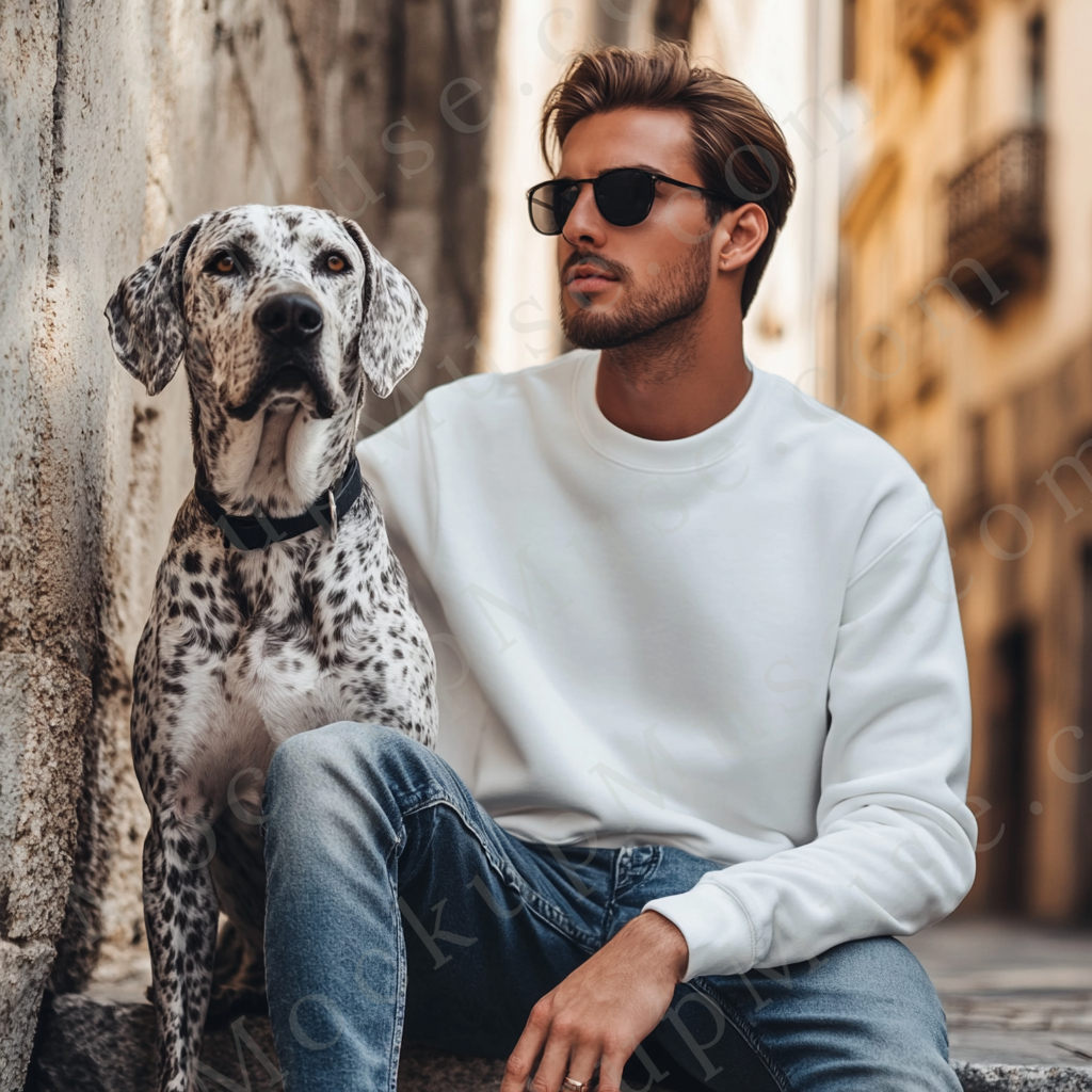 Men’s white Gildan 18000 crewneck sweatshirt mockup, city lifestyle with dog, front view, digital download.