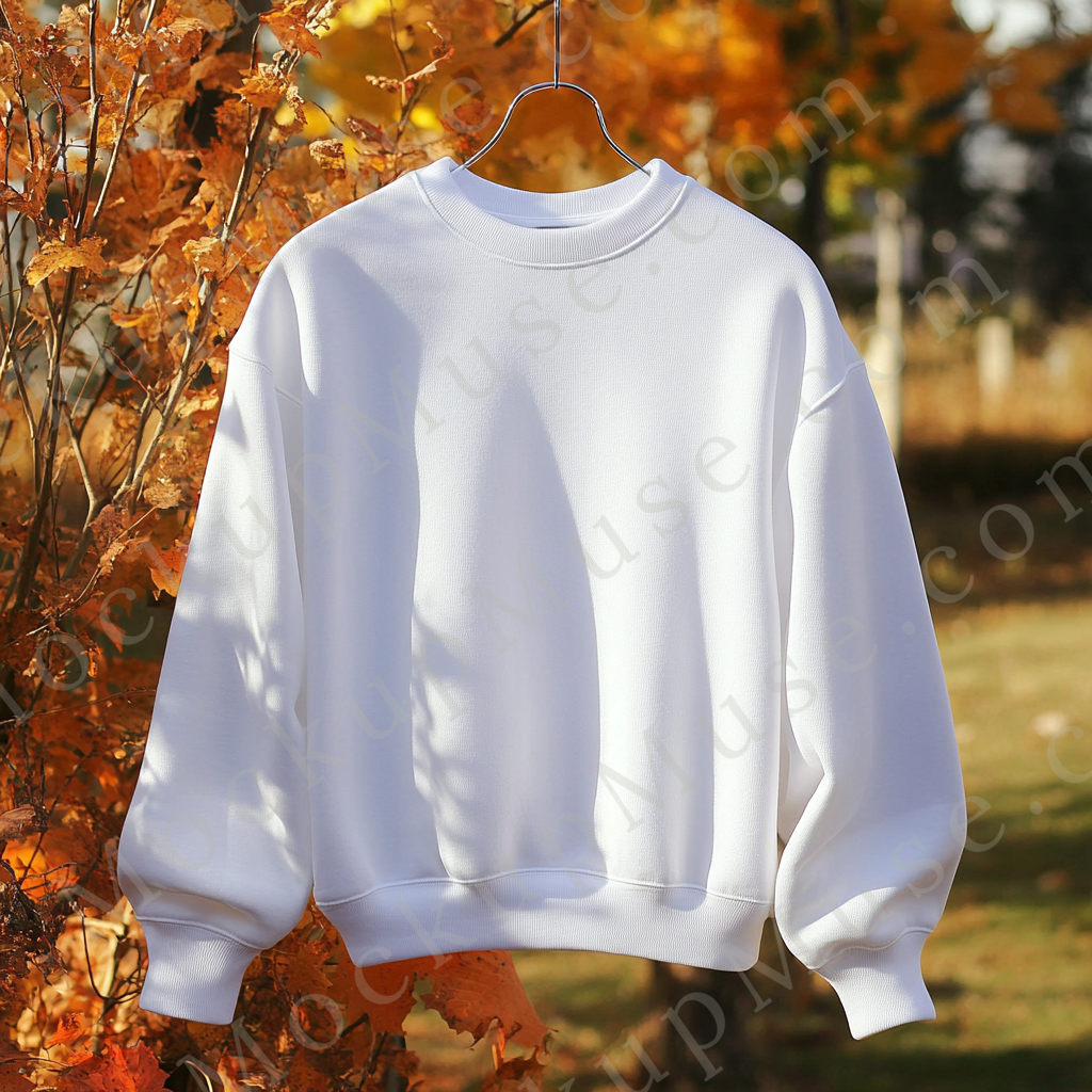 Gildan 18000 Crewneck Sweatshirt mockup with fall leaves, unisex front view