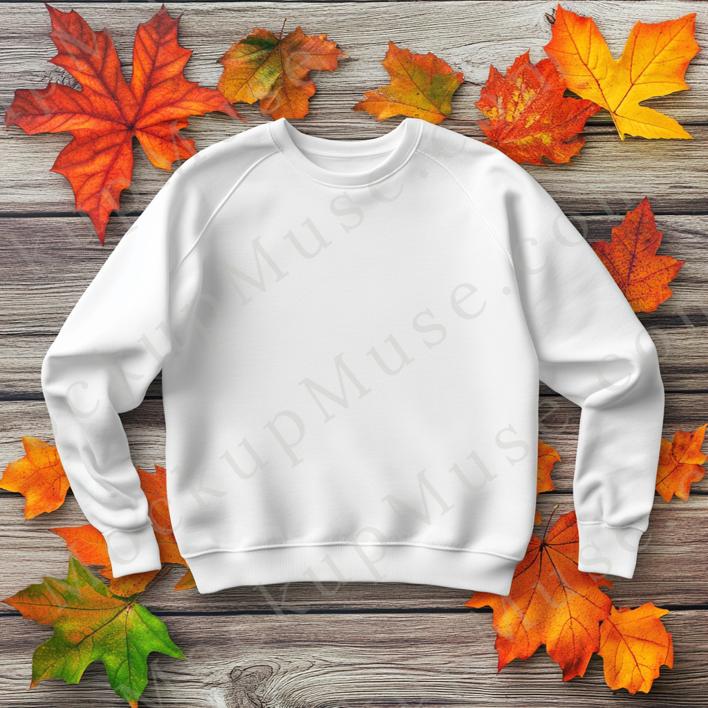 Gildan 18000 Crewneck Sweatshirt mockup with fall leaves, unisex front view