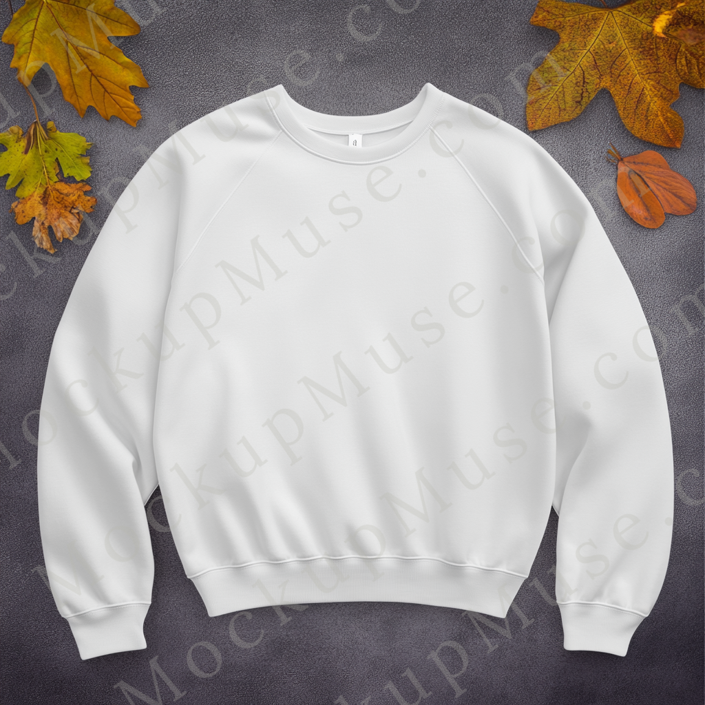 Gildan 18000 Crewneck Sweatshirt mockup with fall leaves, unisex front view