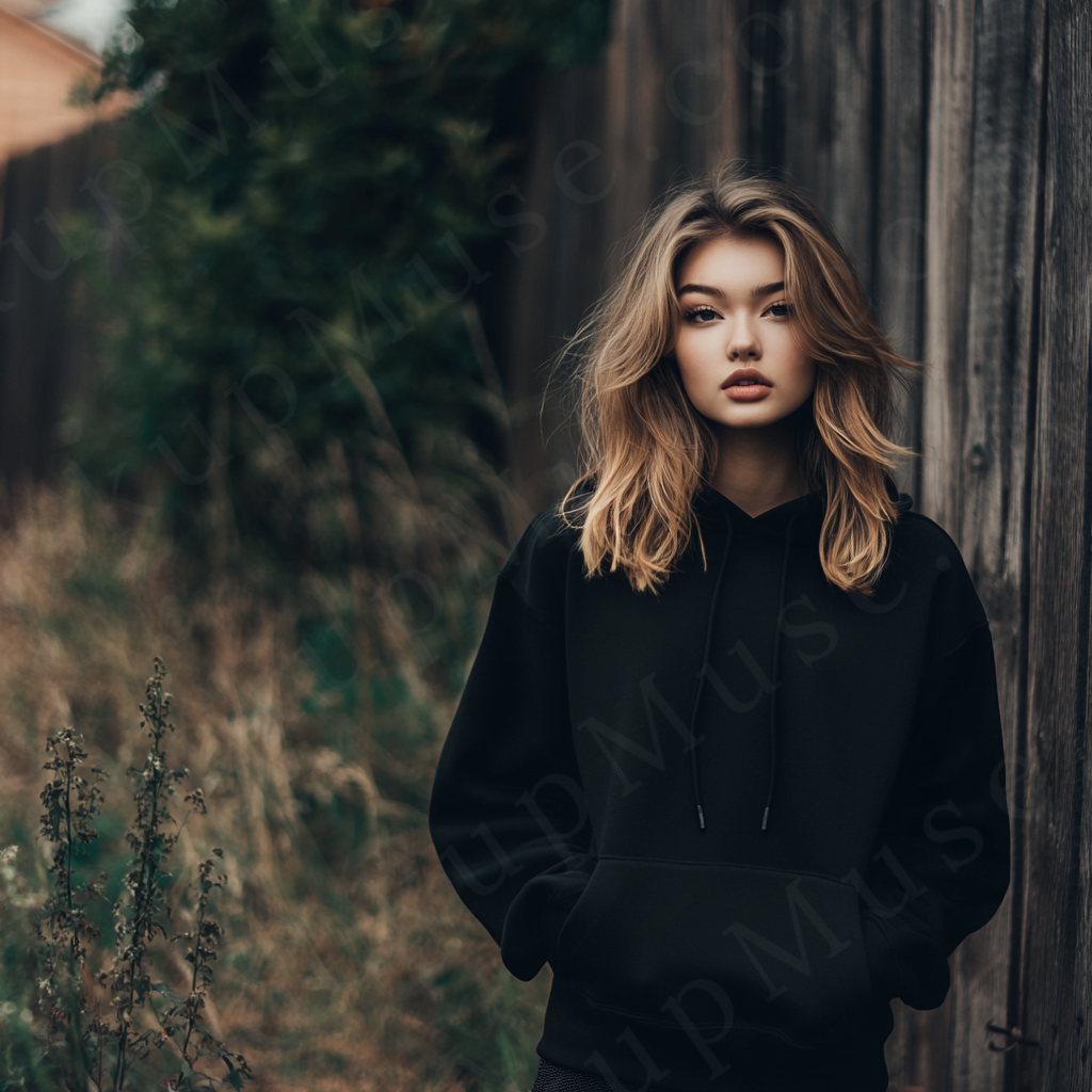 women’s black hoodie mockup, outdoor forest lifestyle scene, gildan 18500, front view, digital download for Etsy and Shopify