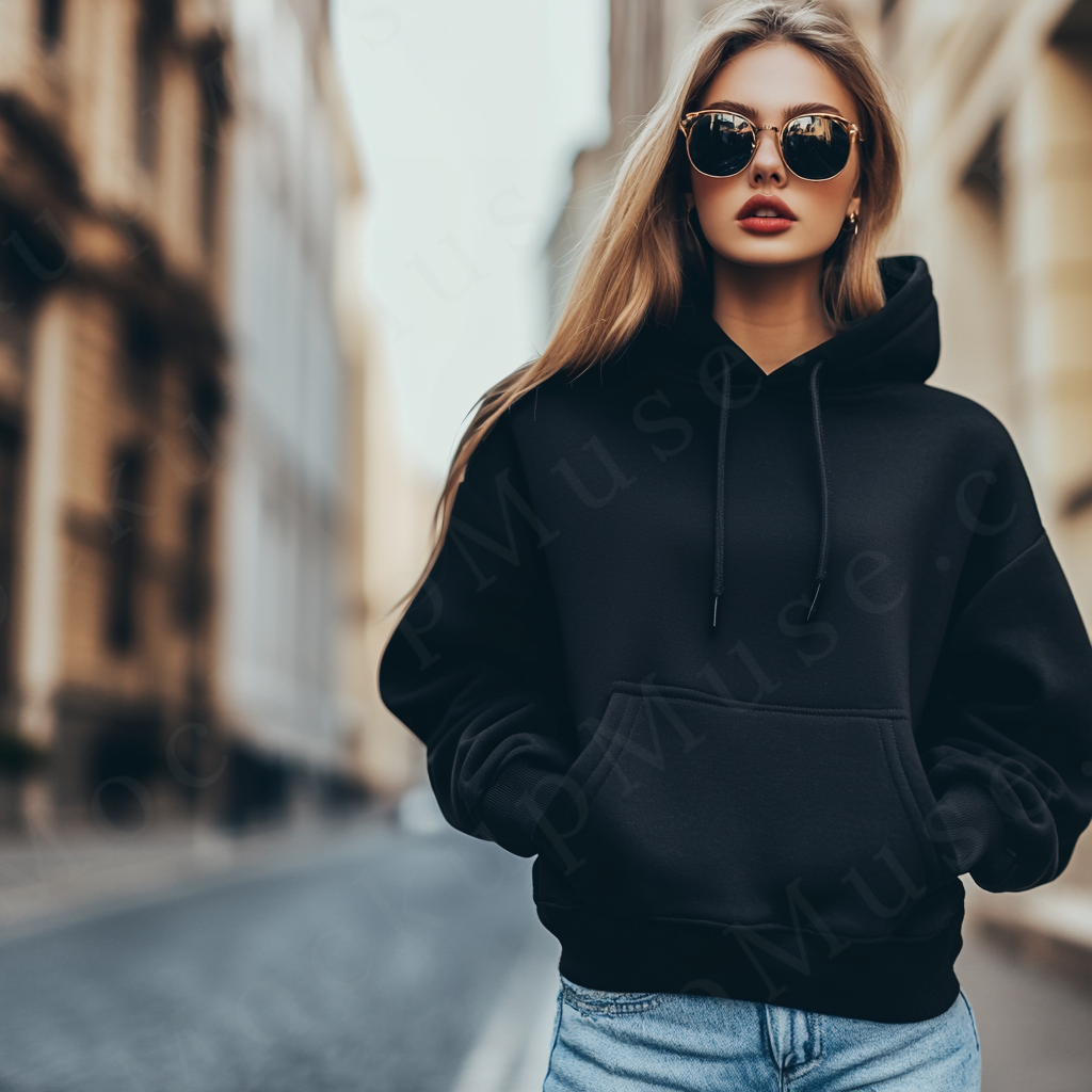 women’s black hoodie mockup, city street lifestyle scene, gildan 18500, front view, digital download for Etsy and Shopify