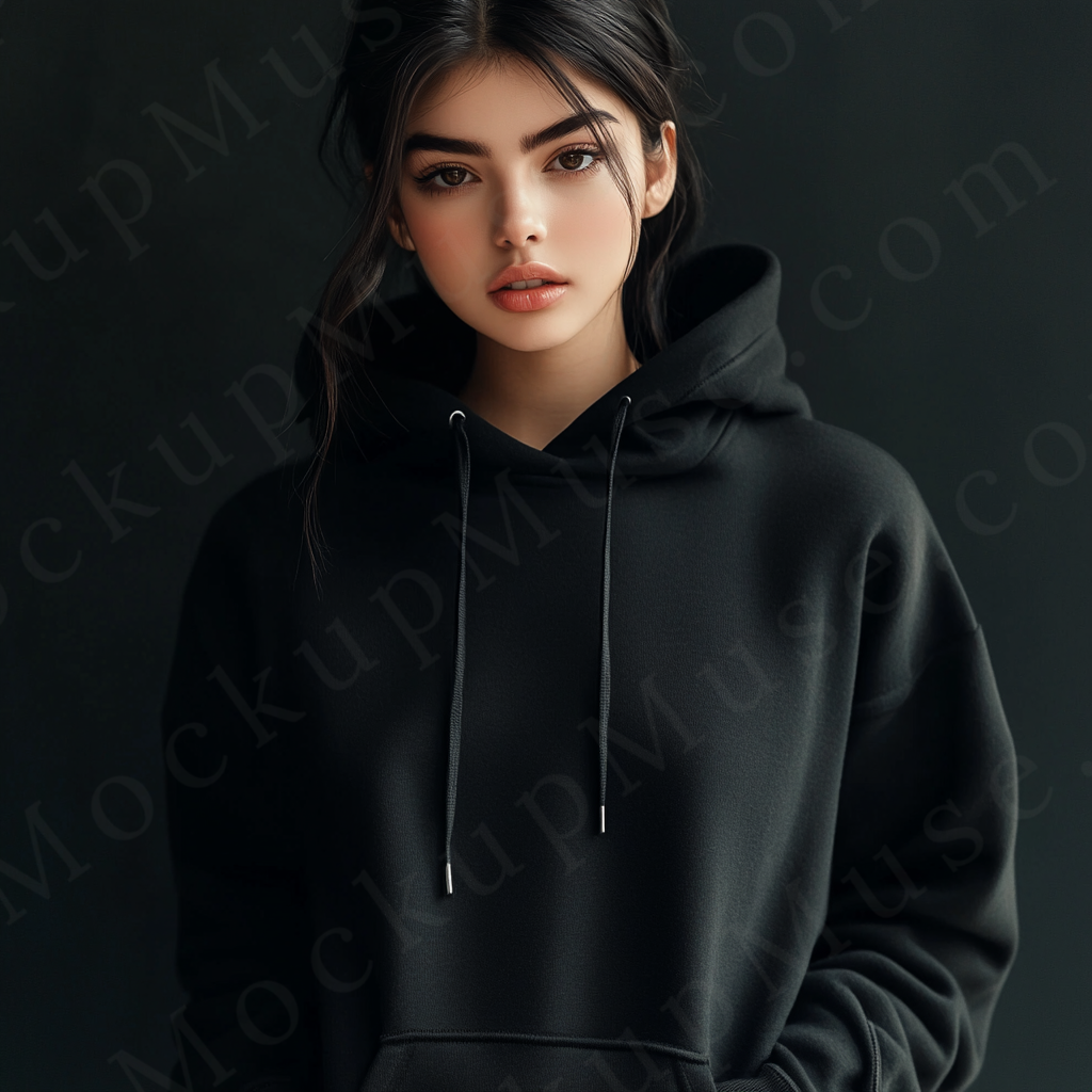 women’s black hoodie mockup, dark studio scene, gildan 18500, front view, digital download for Etsy and Shopify