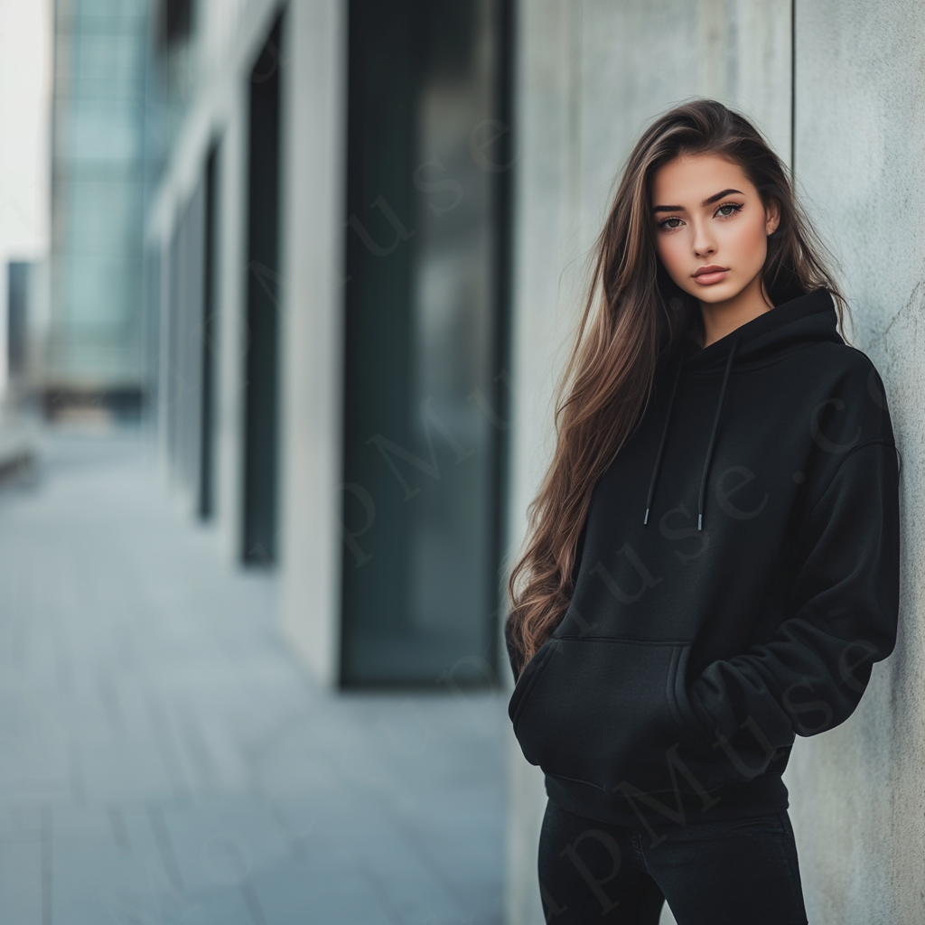women’s black hoodie mockup, outdoor lifestyle scene, gildan 18500, front view, digital download for Etsy and Shopify
