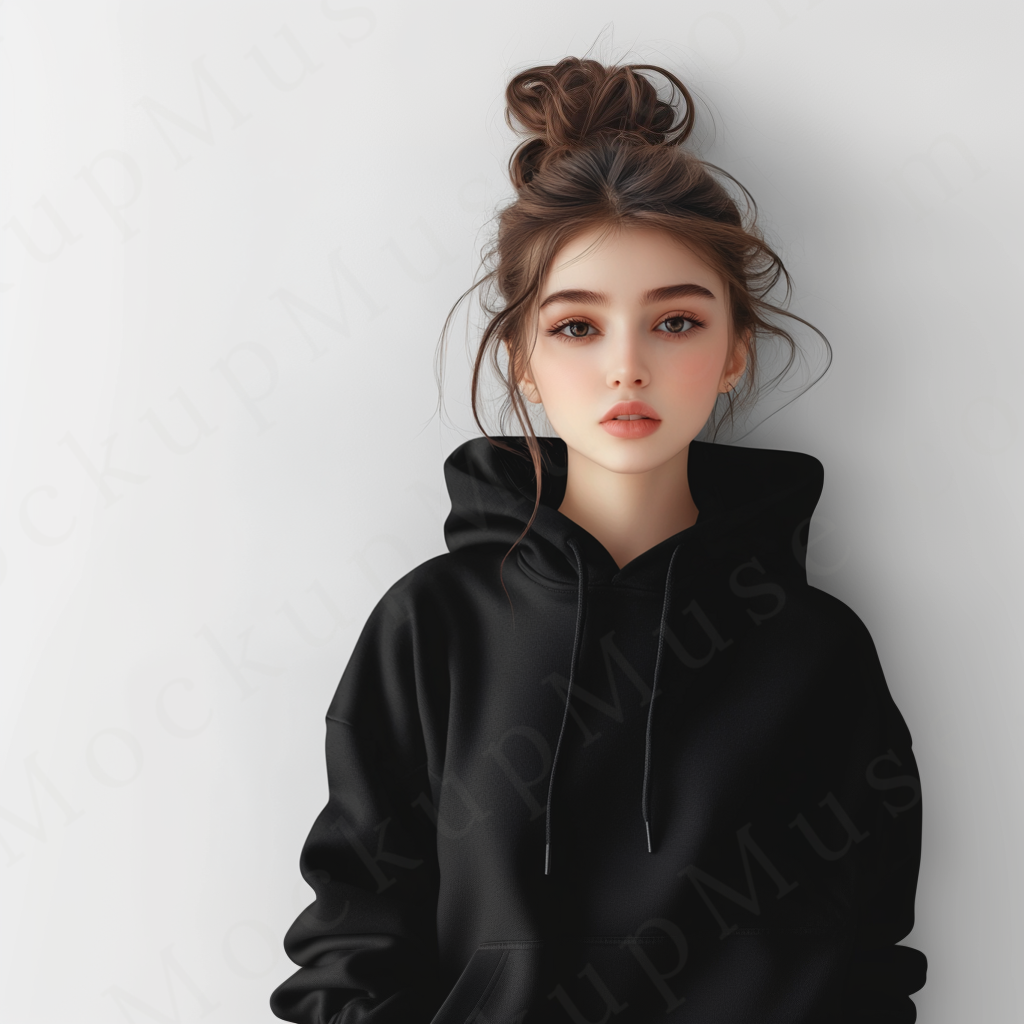 women’s black hoodie mockup, white studio scene, gildan 18500, front view, digital download for Etsy and Shopify