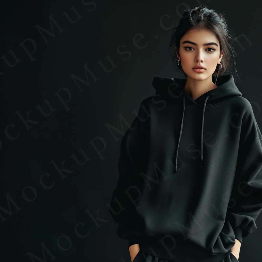 women’s black hoodie mockup, dark studio scene, gildan 18500, front view, digital download for Etsy and Shopify