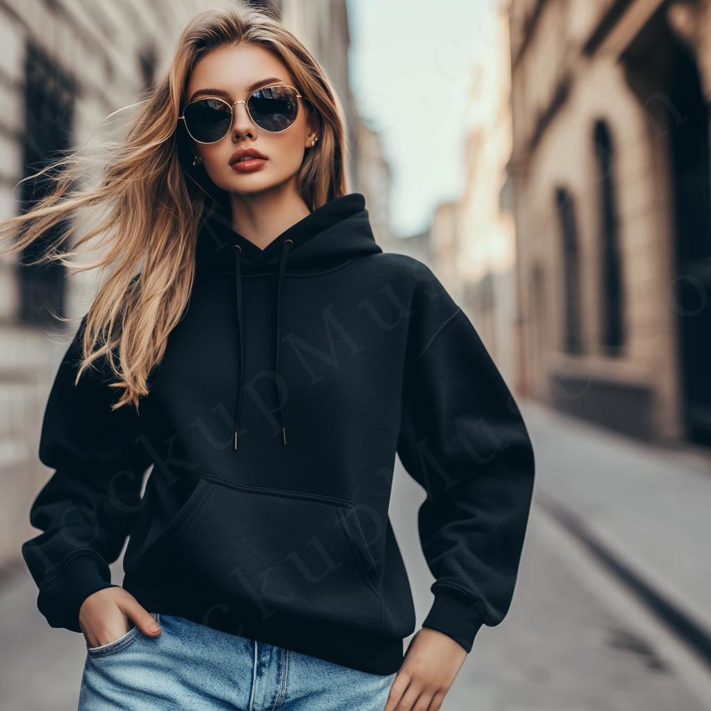 women’s black hoodie mockup, city street lifestyle scene, gildan 18500, front view, digital download for Etsy and Shopify