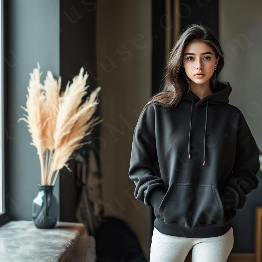 women’s black hoodie mockup, pampas lifestyle scene, gildan 18500, front view, digital download for Etsy and Shopify