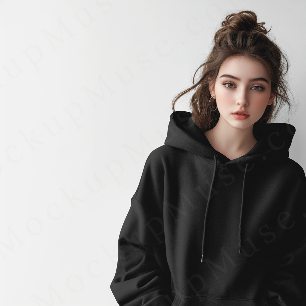 women’s black hoodie mockup, white studio scene, gildan 18500, front view, digital download for Etsy and Shopify
