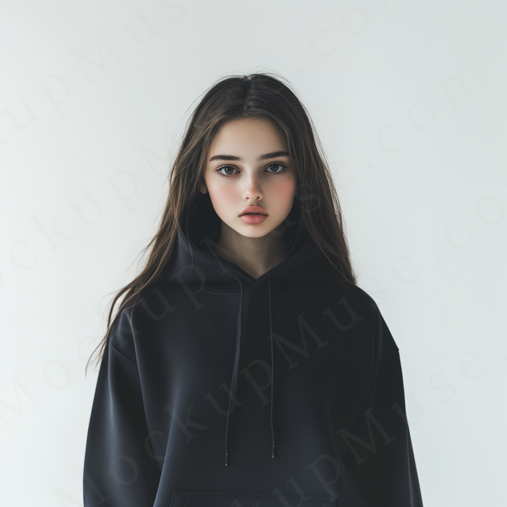 women’s black hoodie mockup, white studio scene, gildan 18500, front view, digital download for Etsy and Shopify
