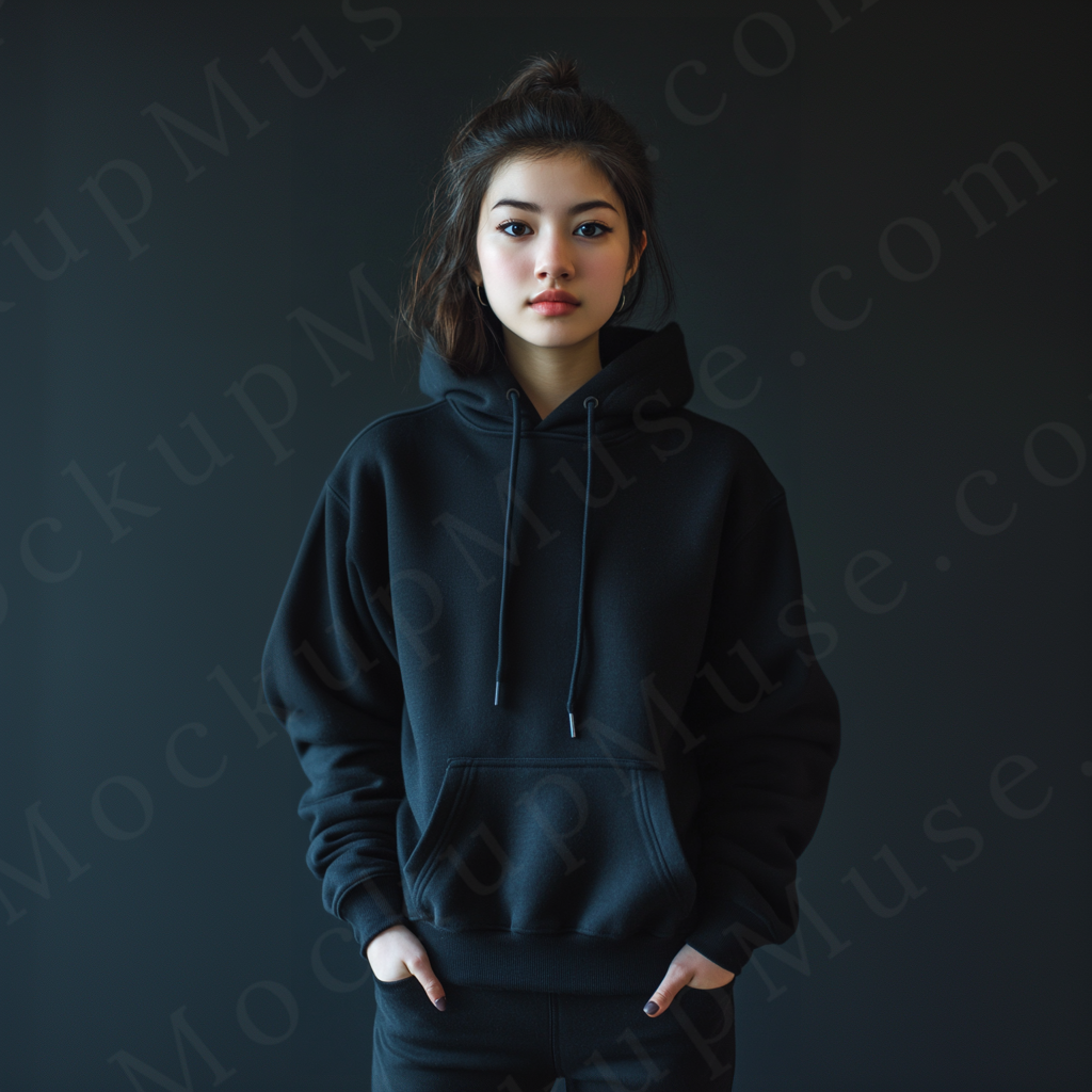 women’s black hoodie mockup, dark studio scene, gildan 18500, front view, digital download for Etsy and Shopify