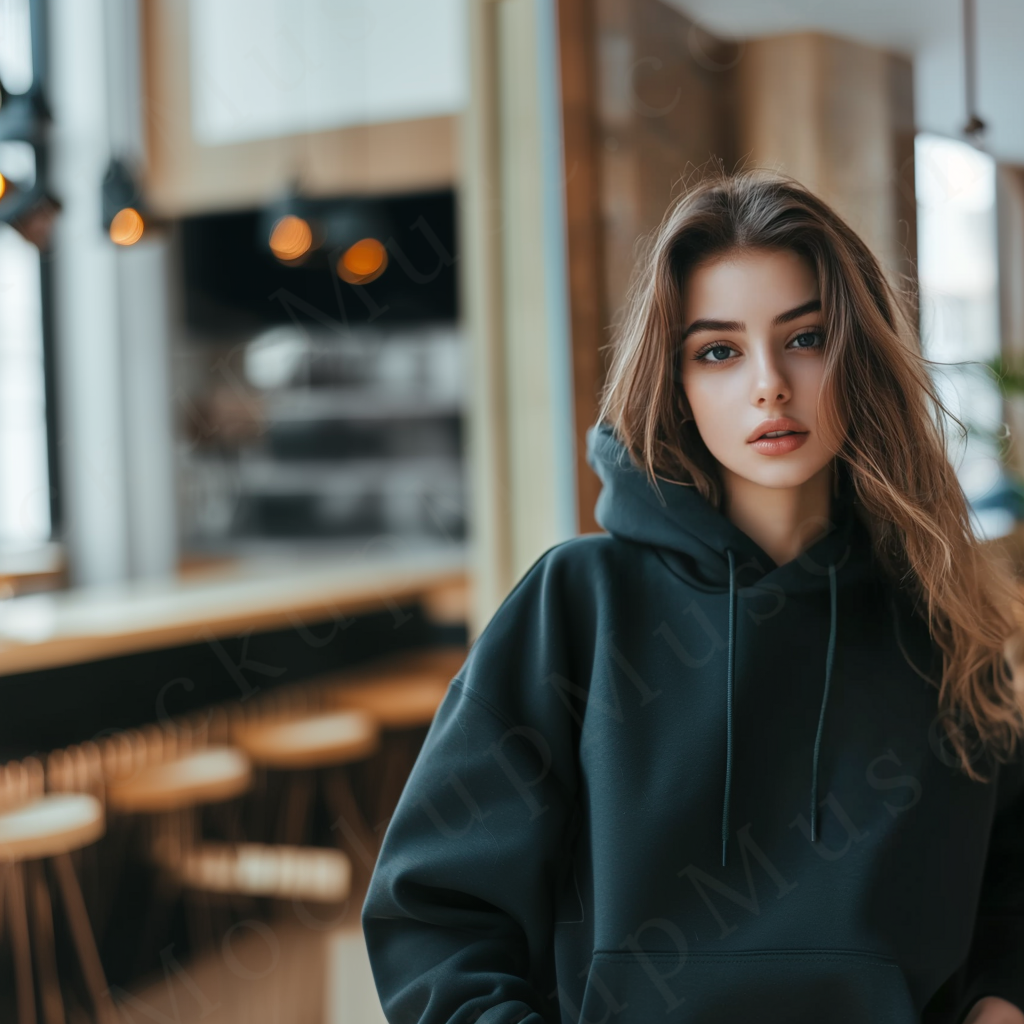 women’s black hoodie mockup, café interior lifestyle scene, gildan 18500, front view, digital download for Etsy and Shopify