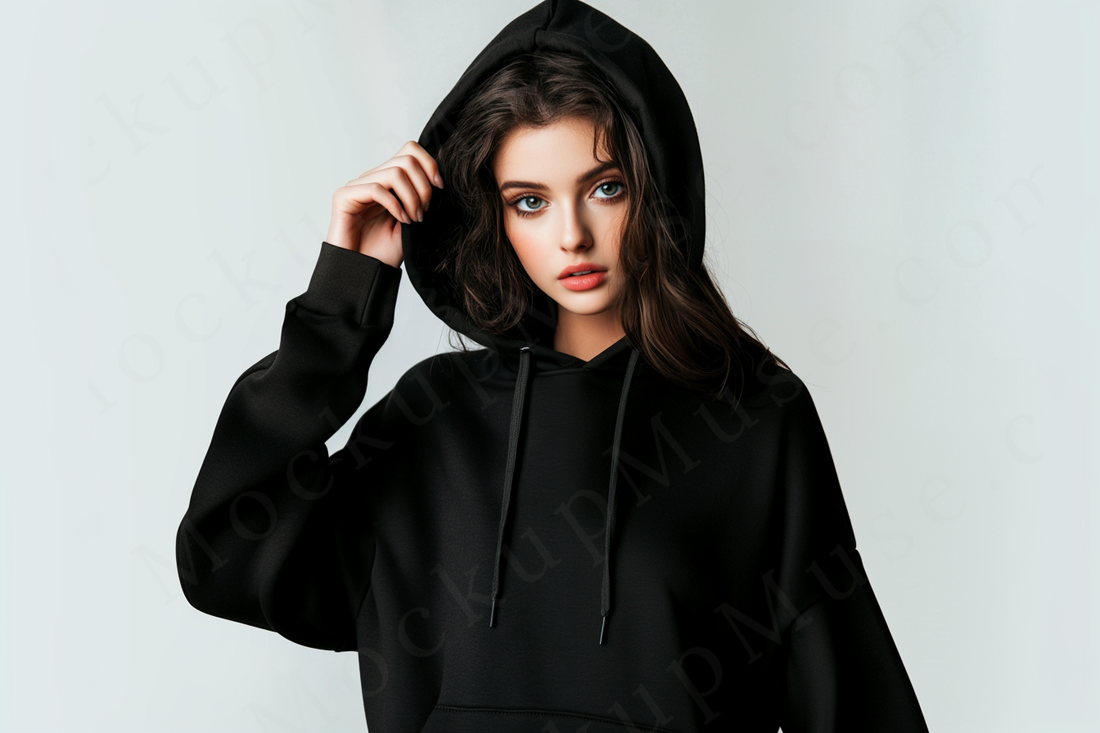 women’s black hoodie mockup, white studio scene, gildan 18500, front view, digital download for Etsy and Shopify
