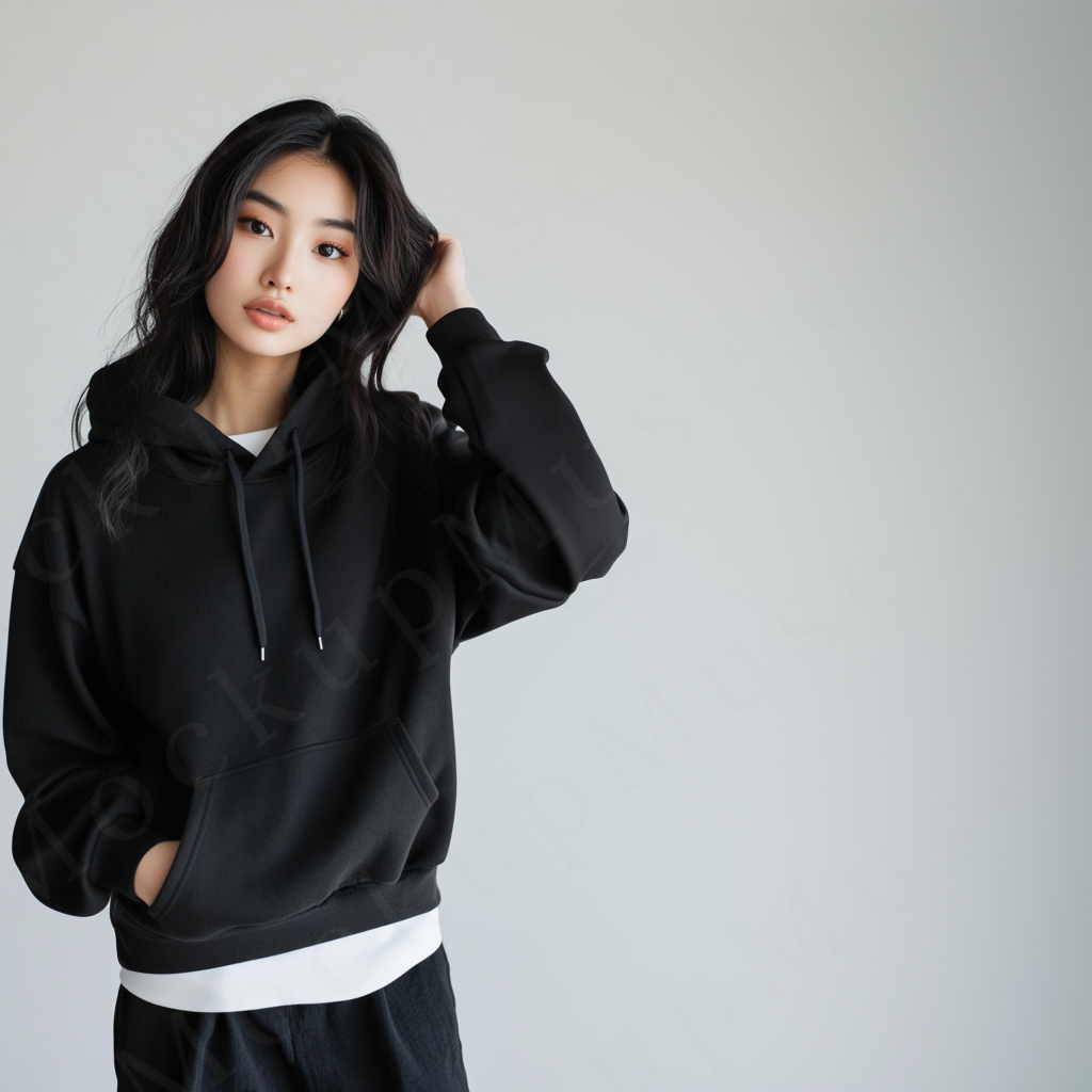 women’s black hoodie mockup, white studio scene, gildan 18500, front view, digital download for Etsy and Shopify