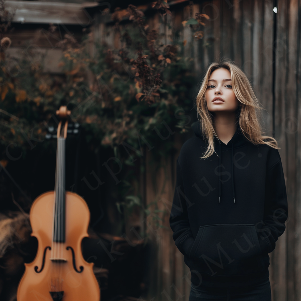 women’s black hoodie mockup, outdoor lifestyle scene, gildan 18500, front view, digital download for Etsy and Shopify