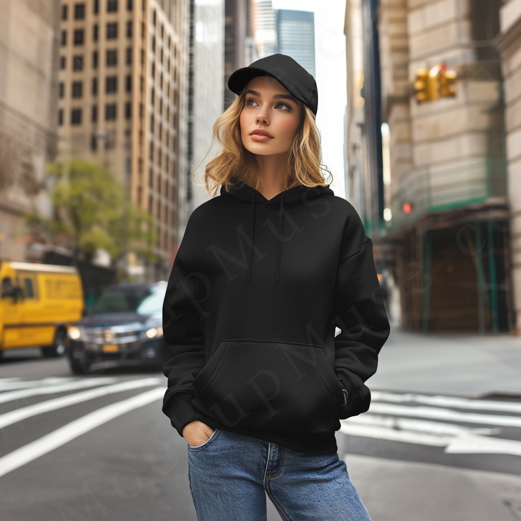 women’s black hoodie mockup, city street lifestyle scene, gildan 18500, front view, digital download for Etsy and Shopify