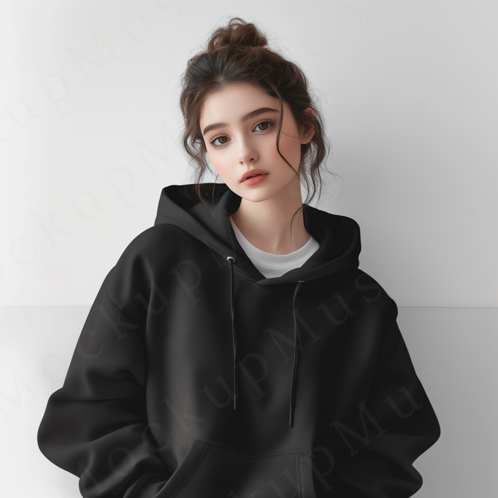 women’s black hoodie mockup, white studio scene, gildan 18500, front view, digital download for Etsy and Shopify