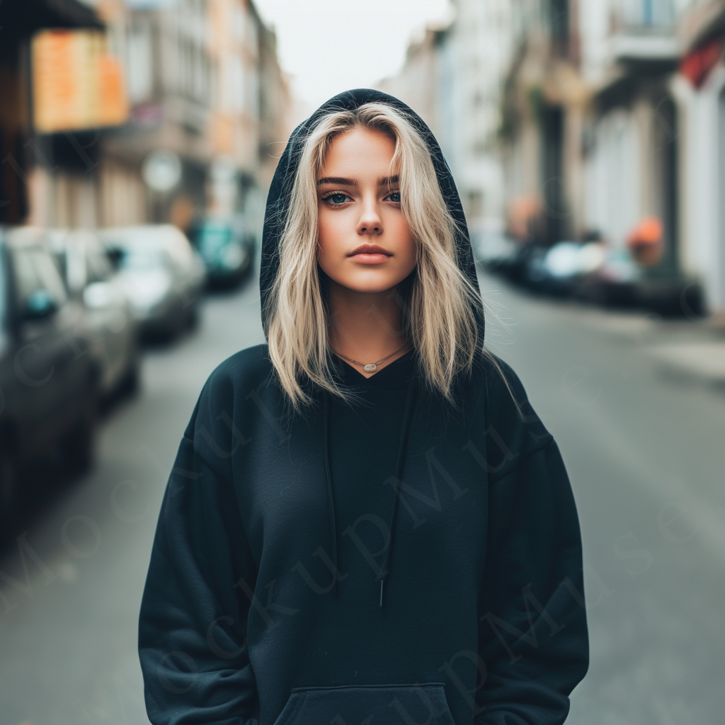 women’s black hoodie mockup, city street lifestyle scene, gildan 18500, front view, digital download for Etsy and Shopify