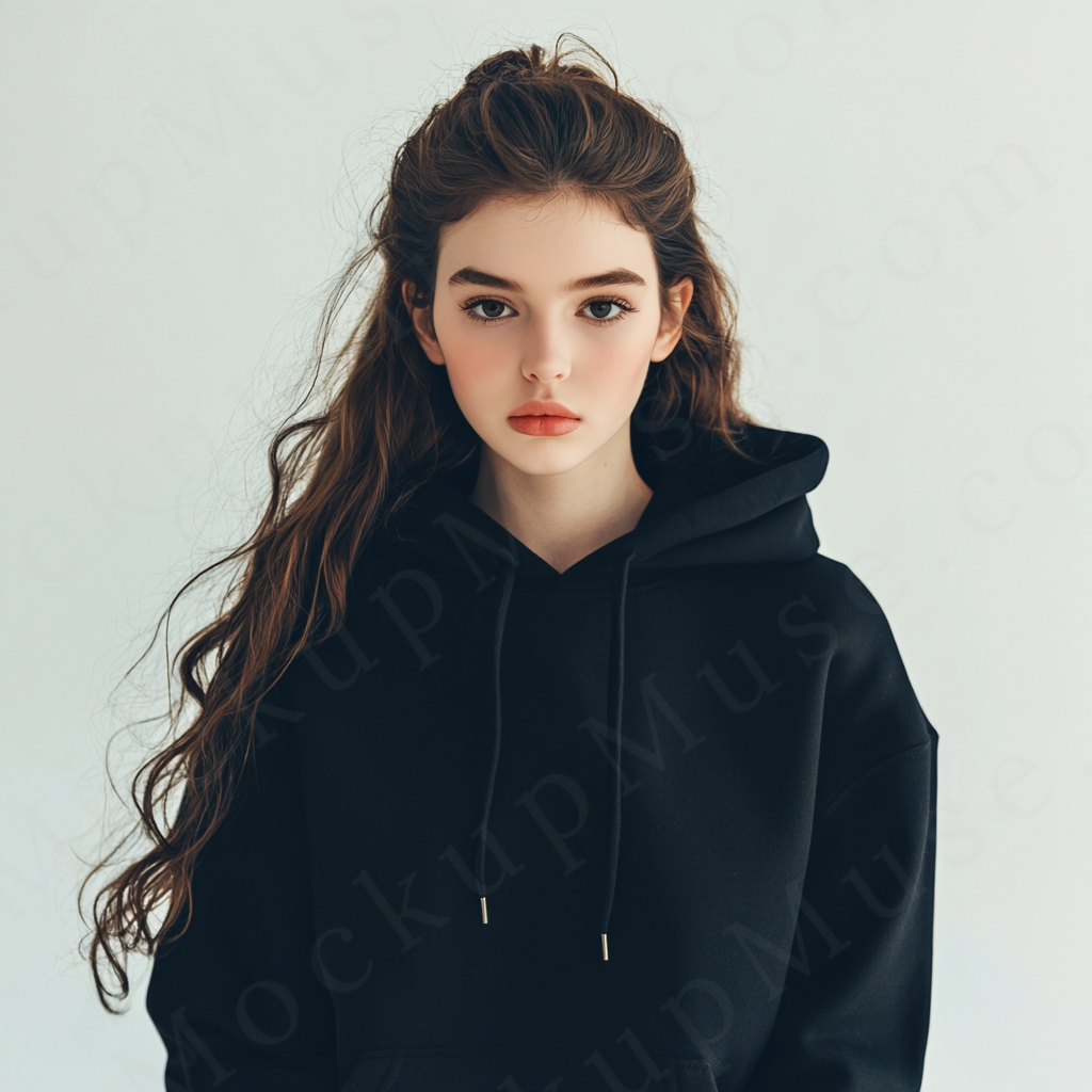 women’s black hoodie mockup, white studio scene, gildan 18500, front view, digital download for Etsy and Shopify