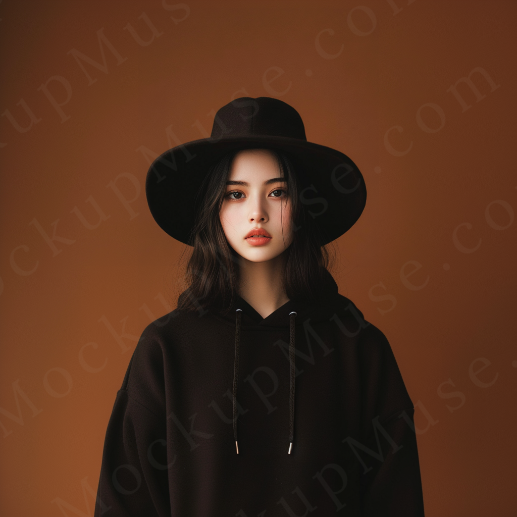 women’s black hoodie mockup, brown wall studio scene, gildan 18500, front view, digital download for Etsy and Shopify