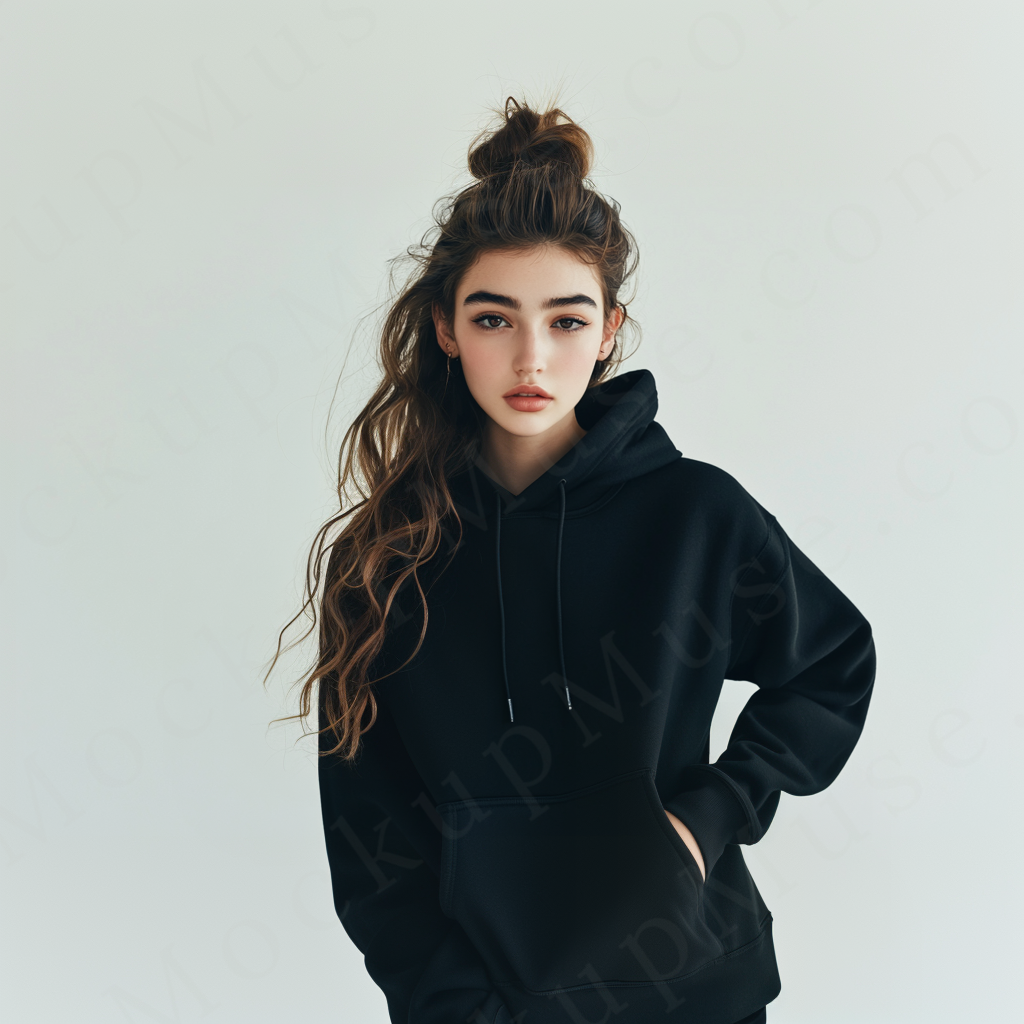 women’s black hoodie mockup, white studio scene, gildan 18500, front view, digital download for Etsy and Shopify