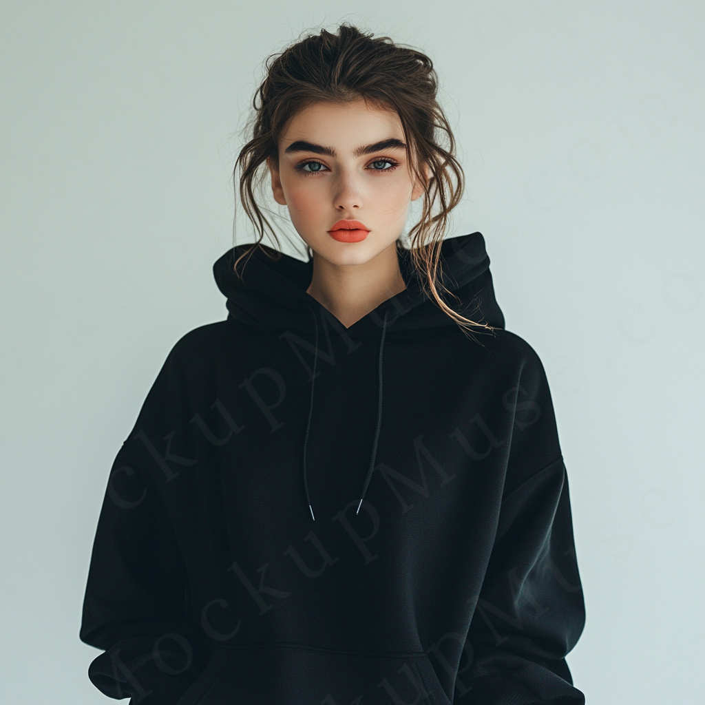 women’s black hoodie mockup, white studio scene, gildan 18500, front view, digital download for Etsy and Shopify