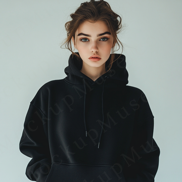 women’s black hoodie mockup, white studio scene, gildan 18500, front view, digital download for Etsy and Shopify
