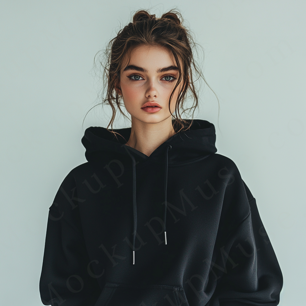 women’s black hoodie mockup, white studio scene, gildan 18500, front view, digital download for Etsy and Shopify