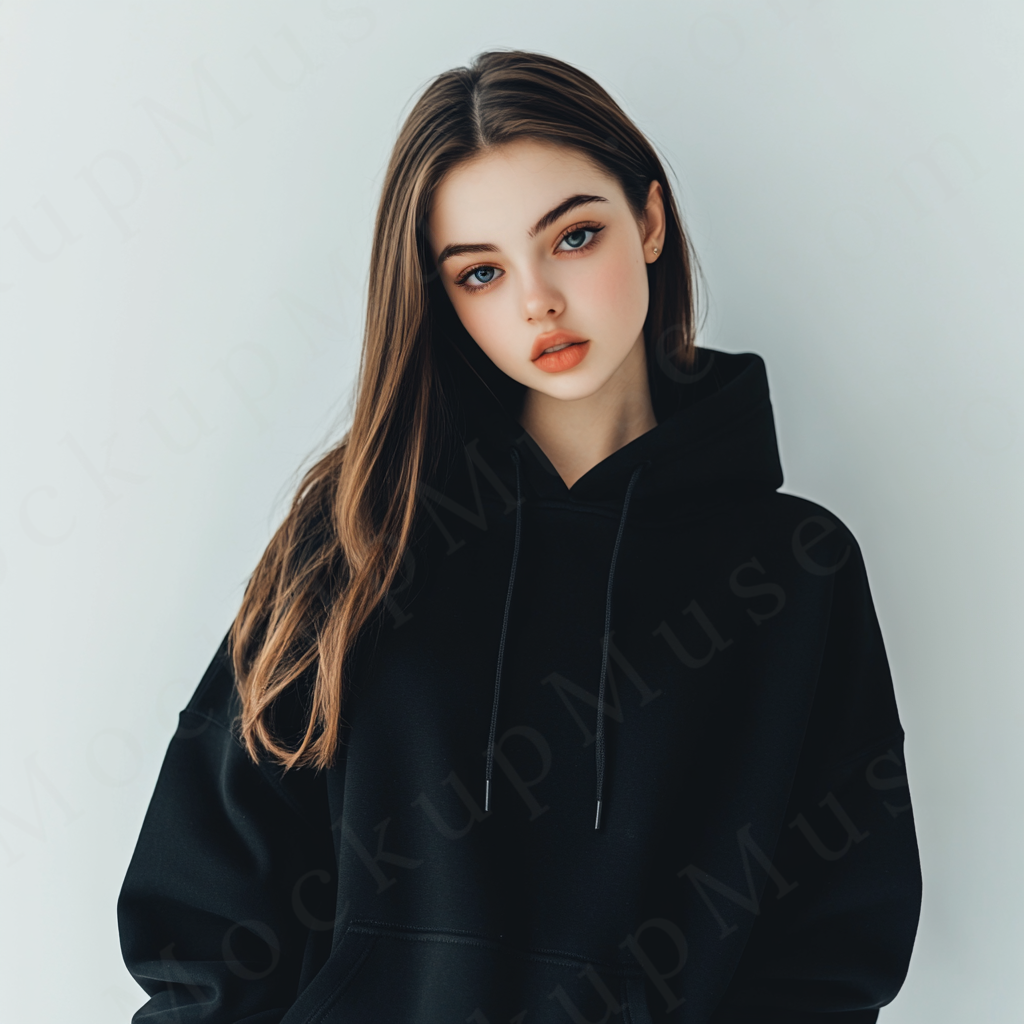 women’s black hoodie mockup, white studio scene, gildan 18500, front view, digital download for Etsy and Shopify