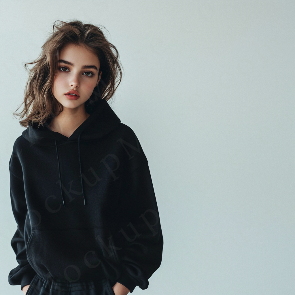 women’s black hoodie mockup, white studio scene, gildan 18500, front view, digital download for Etsy and Shopify