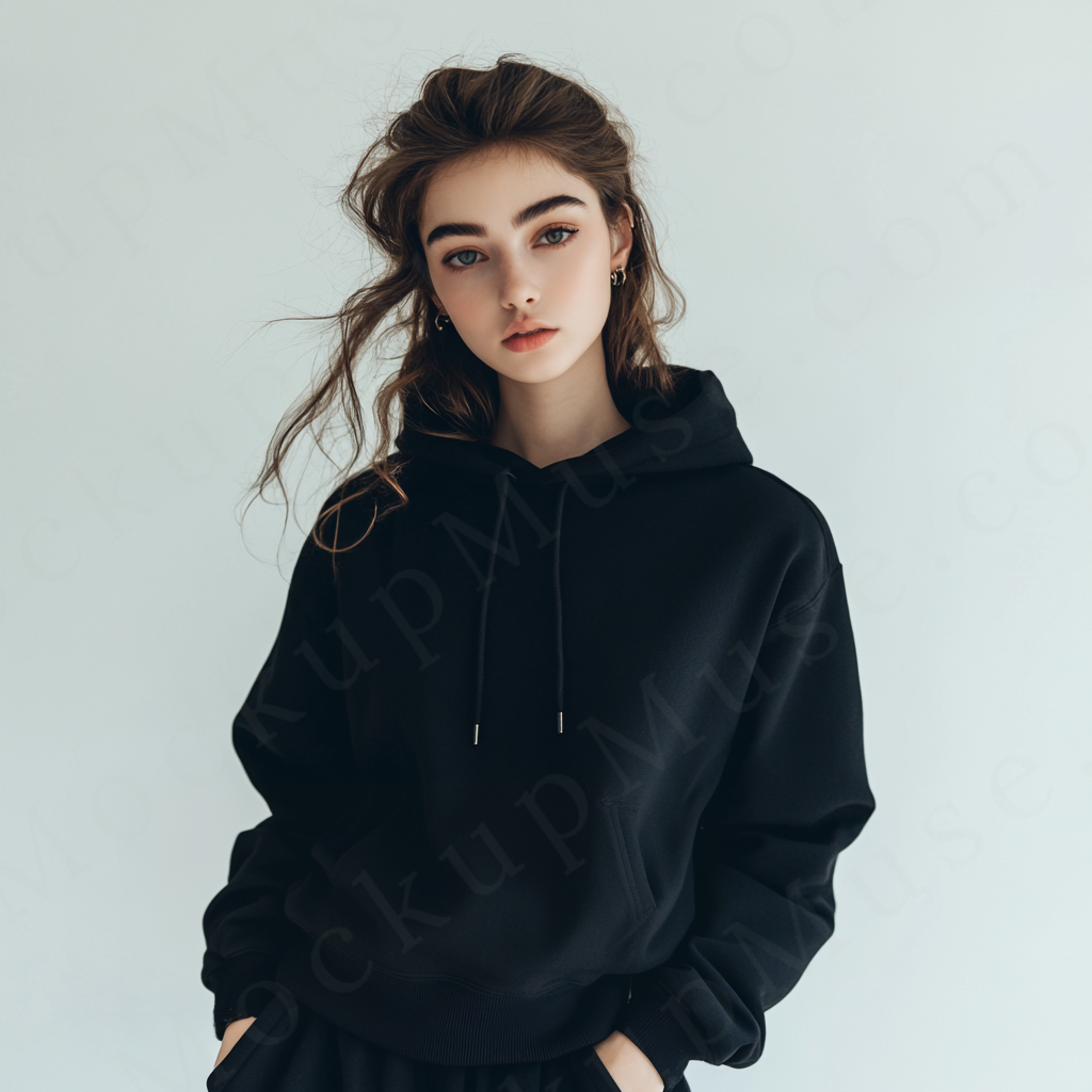 women’s black hoodie mockup, white studio scene, gildan 18500, front view, digital download for Etsy and Shopify
