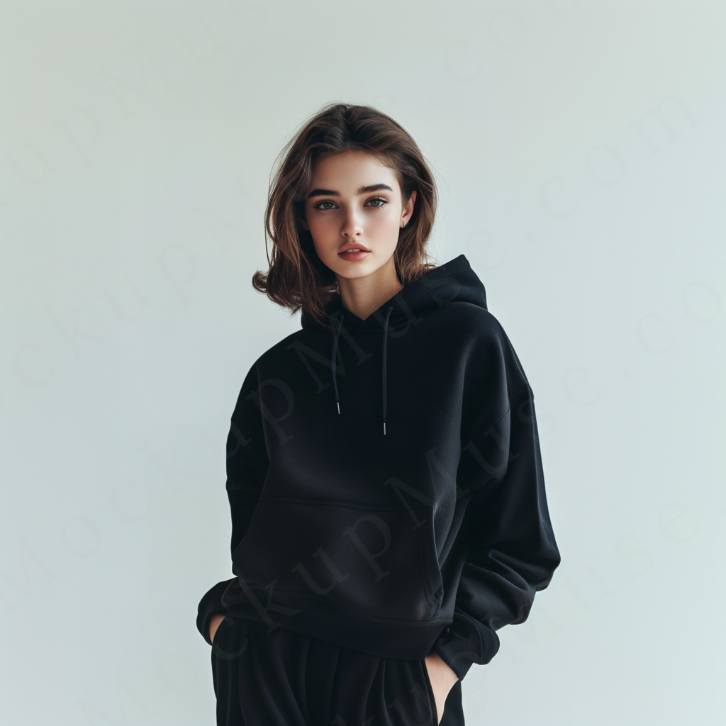 women’s black hoodie mockup, white studio scene, gildan 18500, front view, digital download for Etsy and Shopify