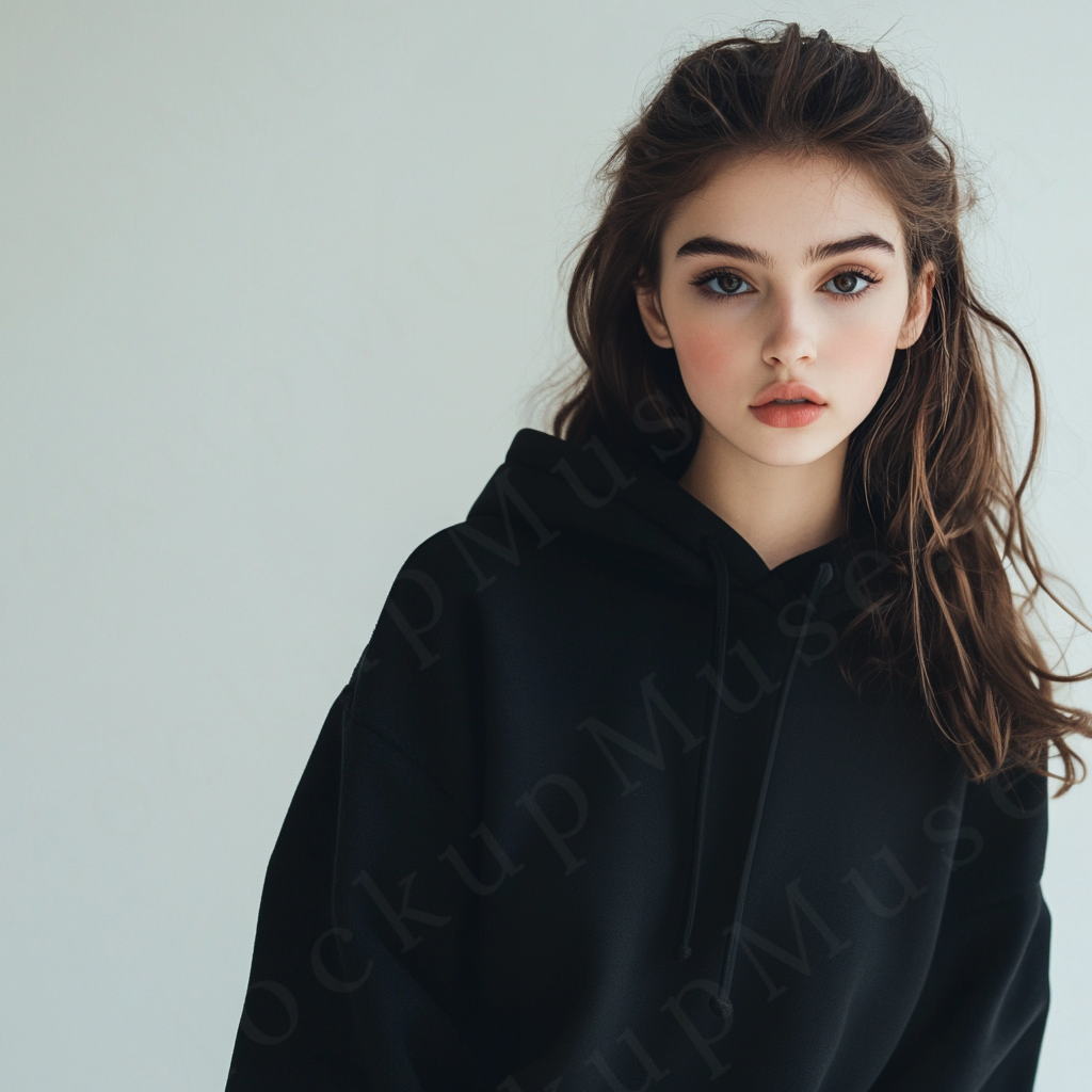 women’s black hoodie mockup, white studio scene, gildan 18500, front view, digital download for Etsy and Shopify