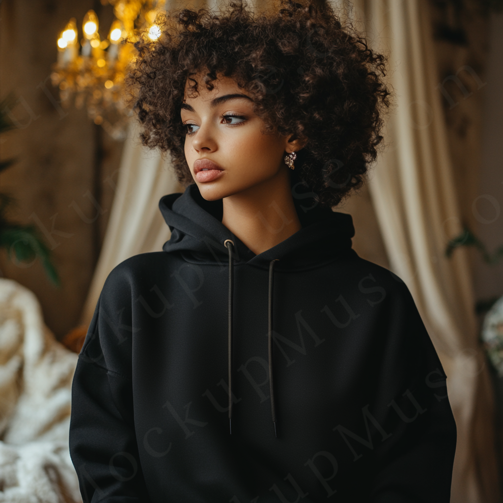 women’s black hoodie mockup, chandelier interior lifestyle scene, gildan 18500, front view, digital download for Etsy and Sho
