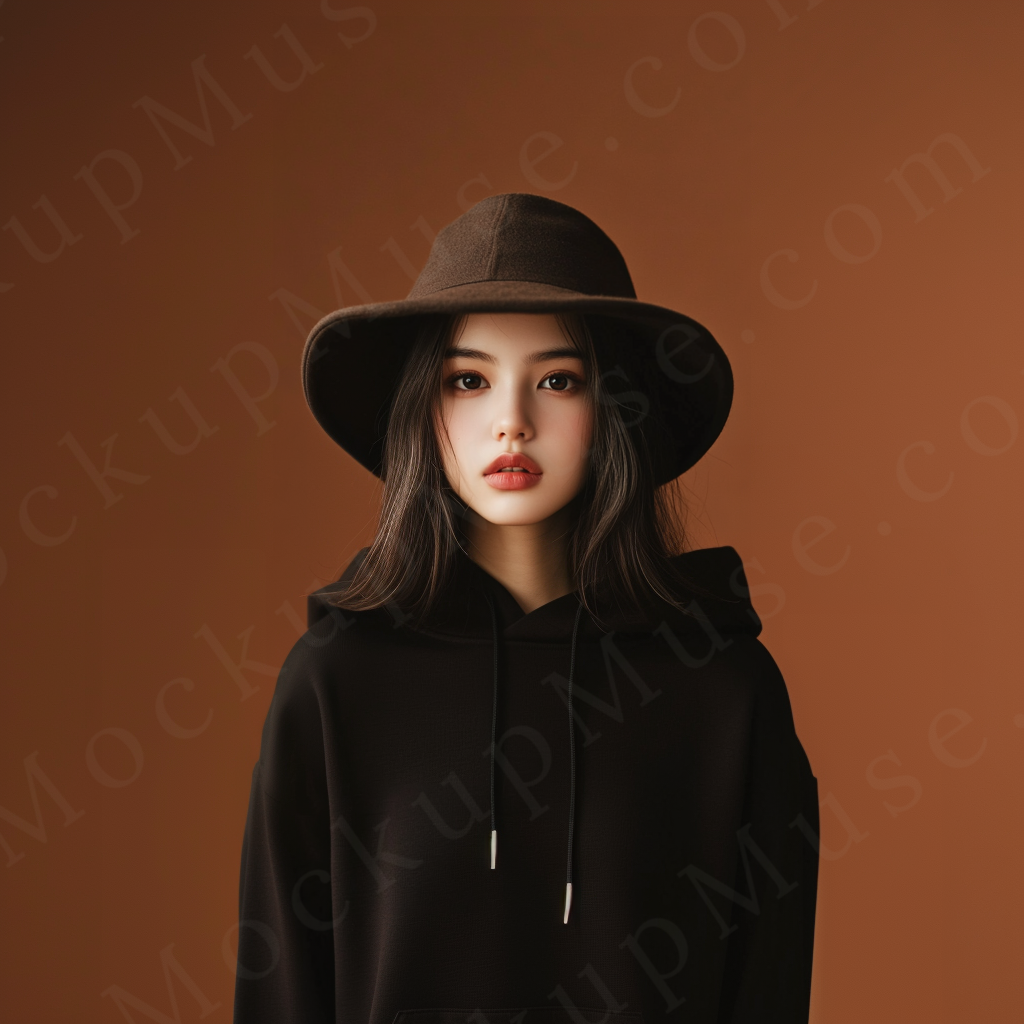 women’s black hoodie mockup, brown wall studio scene, gildan 18500, front view, digital download for Etsy and Shopify